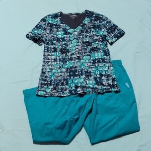 Landau Teal and Black Patterned Scrub Top